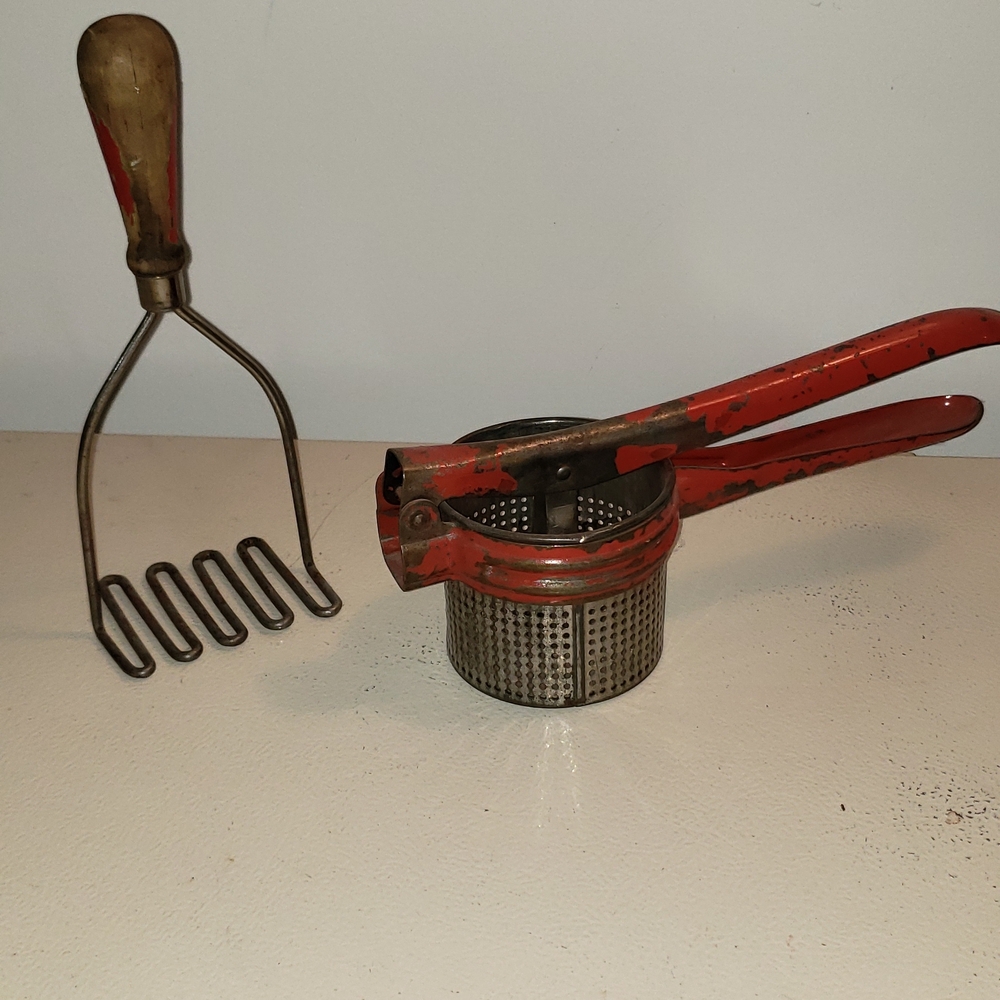 Vintage Lafayette Red Metal Potato Ricer and Masher Set
